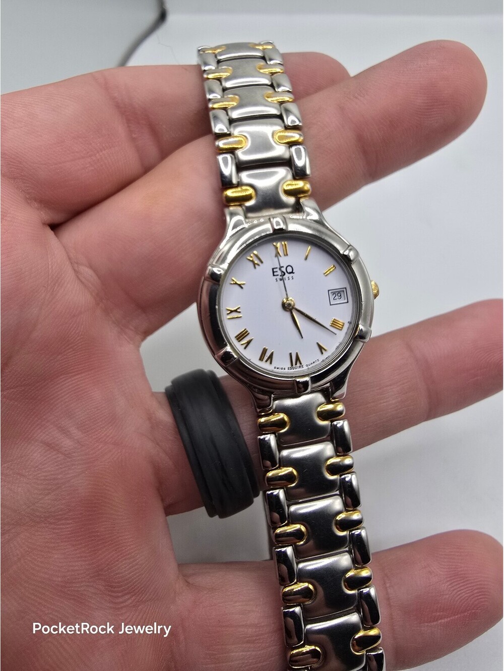 ESQ Swiss Quartz Two-Tone Analog White Dial Roman Numerals Date 25mm Watch